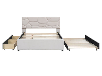 Upholstered Platform Bed With Brick Pattern Headboard And Twin Long Size Trundle
