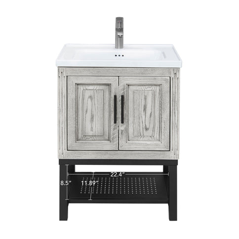 Modern Freestanding Bathroom Vanity With Ceramic Sink, Hot And Cold Faucet, Storage Cabinet & Open Shelf