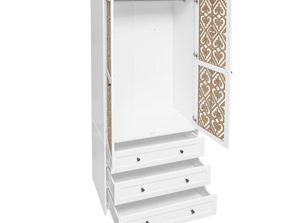 Hollow Pattern 2 Door 3 Drawer Wardrobe, The Collision Of Wood Color, Suitable For Bedrooms And Dressing Rooms - White