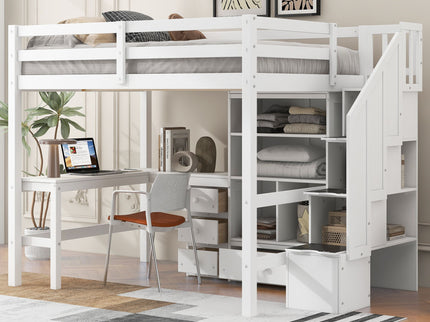 Loft Bed & L Shaped Desk, Drawers, Cabinet, And Storage Staircase
