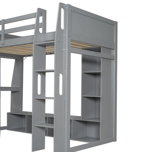 Gaming Loft Bed With Desk, Multi Storage Shelves, LED Lighting, And Hanging Clothes Rack