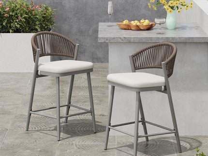 Outdoor 26" Counter Height Metal Frame Counter Stools With Scallop Shaped Backrest & Water Resistant Cushions