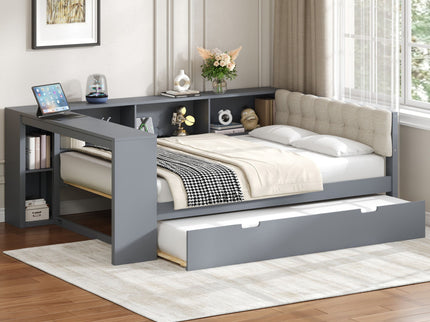 Upholstered Headboard Platform Bed With Storage Shelves, Trundle, Charging Station