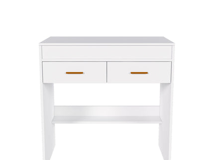 Flip Top Vanity Desk With LED Mirror & Outlet Makeup Table With 2 Drawers, Open Storage, And Jewelry Hooks - White