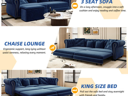 3 In 1 Pull Out Convertible Sleeper Sofa Bed, King Size, Chaise Lounge