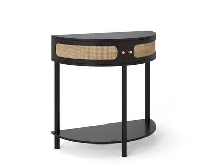 Boho Rattan Semi Circle End Table With Sliding Rattan Door, Storage And Bottom Shelf