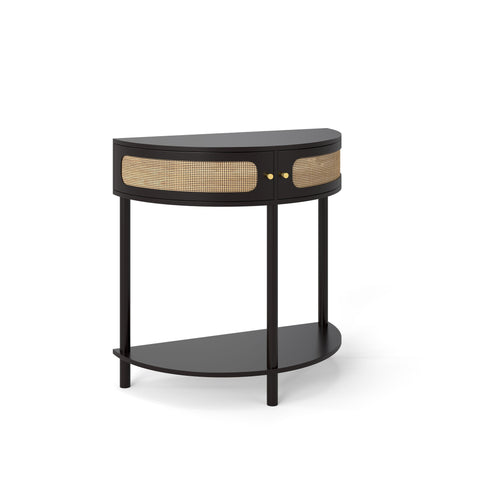 Boho Rattan Semi Circle End Table With Sliding Rattan Door, Storage And Bottom Shelf