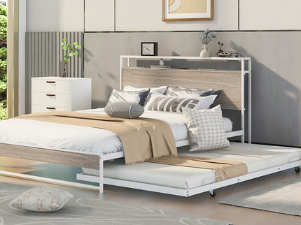 Platform Bed Frame With Trundle, USB Ports And Slat Support, No Box Spring Needed