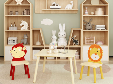 Kids Table And 2 Chairs Set, 3 Pieces Toddler Table And Chair Set, Wooden Activity Play Table Set (Lion&Monkey) - Natural