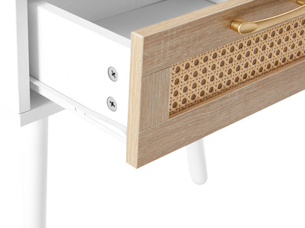 15.75" Rattan End Table With Power Outlet & USB Ports, Modern Nightstand With Drawer And Solid Wood Legs, Side Table For Living Room, Bedroom