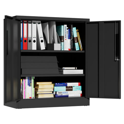Heavy Duty Storage Cabinet With Lock, 2 Door File Cabinet With 2 Adjustable Shelves - Black