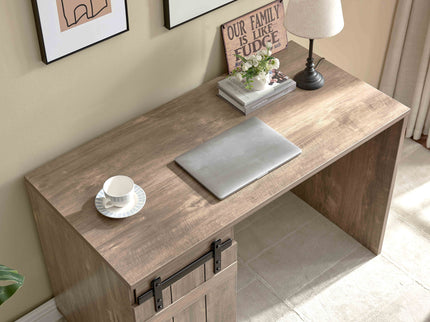 Home Office Desk Hazelnut One Cabinet Three Shelves Faux Barn Door On Metal Euro Hinges Modesty Panel - Light Brown