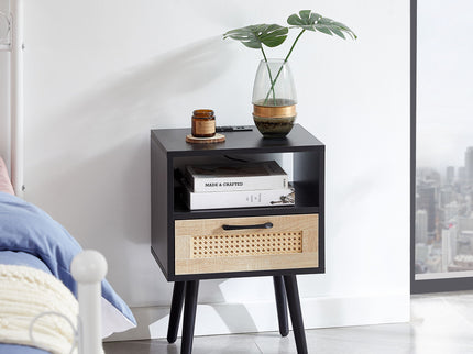 15.75" Rattan End Table With Power Outlet & USB Ports, Modern Nightstand With Drawer And Solid Wood Legs, Side Table For Living Room, Bedroom