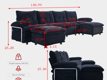 Upholstery Modular Sectional Sofa , 4 Seater With 2 Ottomans For Living Room - Black