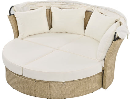 Outdoor Patio Daybed Wicker Rattan Double Daybed Round Sofa Furniture Set With Retractable Canopy, 4 Pillows For Lawn Garden