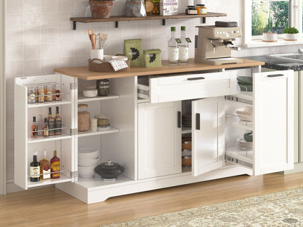 Sideboard With Extendable Table, Adjustable Shelves, 3 Tier Pull Out Rack - White