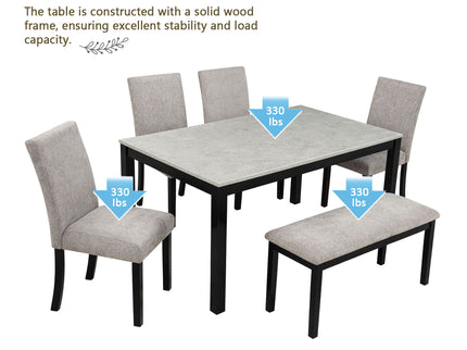 6 Piece Dining Table Set With Bench And Chairs