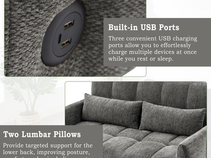 Loveseat Sofa Pull-Out Bed With Adjustable Backrest, 3 USB Ports And 2 Lumbar Pillows For Living Room