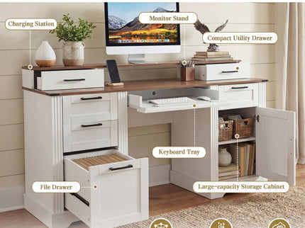 Office Desk With Charging Station & Storage Cabinet