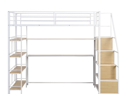 Twin Size Loft Bed With Built In Desk, Staircase Storage & 4 Tier Shelves - White