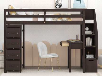 Loft Bed With Storage Drawers, Desk And Stairs With Shelves