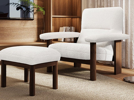 Modern Accent Chair With Ottoman, Mid Century Lounge Chair With Footrest, Comfy Fabric Armchair Upholstered Set With Solid Wood Frame For Living Room - White