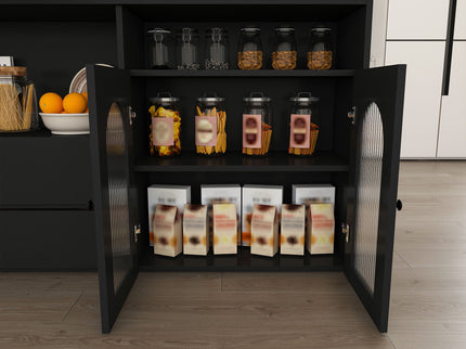 Kitchen Island With Extendable Rotating Table, 4 Drawers & Glass Door Cabinets, Built In Socket - Black