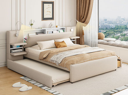 Upholstered Platform Bed With Reading Lights, Drawers, Trundle And Shelves