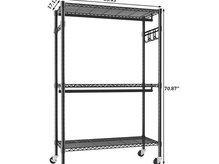 Heavy Duty Rolling Clothes Rack With 3 Tier Shelves, 2 Rails & Side Hooks, Adjustable Freestanding Organizer Metal - Black