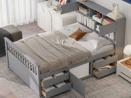 Captain Platform Bed Frame With Bookcase Headboard, 4 Drawers, Storage Shelves