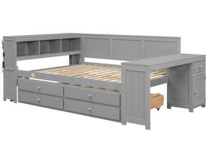 Daybed With Storage Shelves, Drawers, Trundle, Charging Station, LED Light, Desk And Cabinet