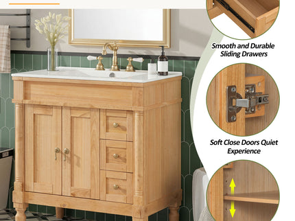 Modern Bathroom Vanity With Ceramic Sink, Soft Close Doors, Adjustable Shelves
