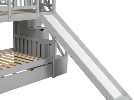 House Bunk Bed With Trundle, Storage Staircase, Roof And Window Design