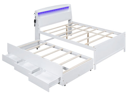 Full Size Platform Bed With Storage LED Headboard, Twin Trundle And 3 Drawers - White