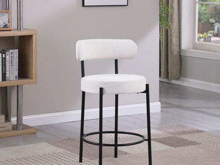 Modern Sherpa Counter Height Stools, Uphsoltered Seat Height Barstools With Brushed Brass Metal Legs Round Low Back Kitchen Stools With Footrest For Dining Room (Set of 2)