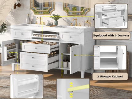 Bathroom Vanity With Double Sink, 3 Drawers, 2 Doors, Adjustable Shelves, Freestanding - White