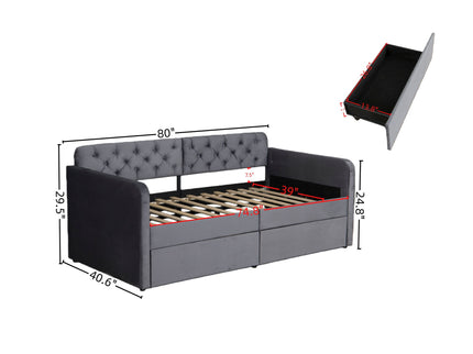 Twin Size Upholstered Daybed With 2 Storage Drawers And USB Charging Design - Gray