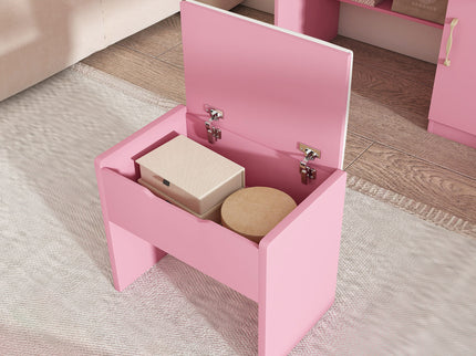 Vanity Desk With LED Mirror Lights And Power Outlet Charging Station, 3 Drawers, 7 Shelves, Storage Stool - Pink