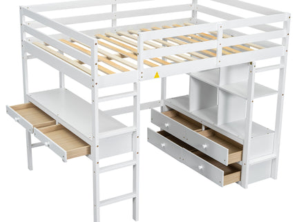 Full Size Loft Bed With Built In Desk, 2 Drawers, Storage Shelves - White