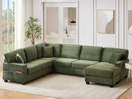 Upholstered U-Shaped Sectional Sofa With Movable Ottoman And Side Storage Pockets