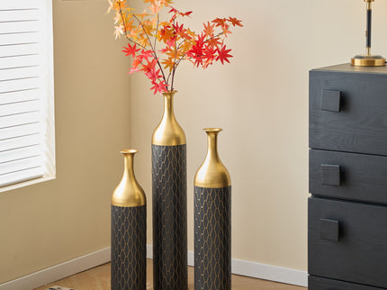Elegant Floor Vase Set Metal Decorative Vases 3 Piece Set For Floral Display, Wedding & Gift Decor - Gold / Black