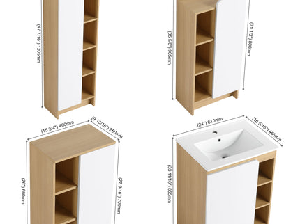 4 Piece Bathroom Vanity Set With Sink, Vanity Combo With Storage Cabinets - Black / Light Oak / White