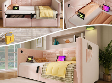Upholstered Hydraulic Storage Daybed With USB & Type C Charging