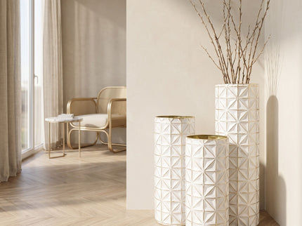 Tall Textured Geometric Decorative Floor Vases Home Decor (Set of 3) - White / Gold
