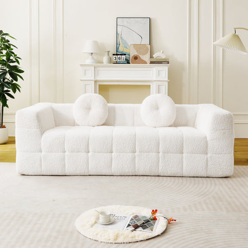 Boneless 3 Seater Sofa With Circular Throw Pillows - Beige