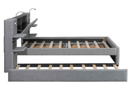 Upholstered Platform Bed With Reading Lights, Drawers, Trundle And Shelves