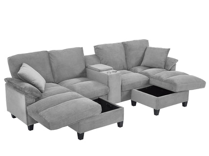 Modern U - Shaped Sectional Sofa With Storage Ottomans, USB Ports, And Cup Holders