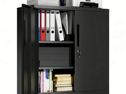 Heavy Duty Storage Cabinet With Lock, 2 Door File Cabinet With 2 Adjustable Shelves - Black