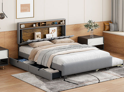 Upholstered Platform Bed With Storage Headboard, Trundle & 2 Drawers And A Set Of Sockets & USB Ports