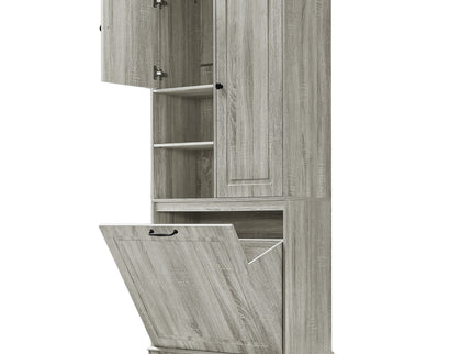 Modern Tall Storage Cabinet With Adjustable Shelves, Flip-Out Basket & Enclosed Doors